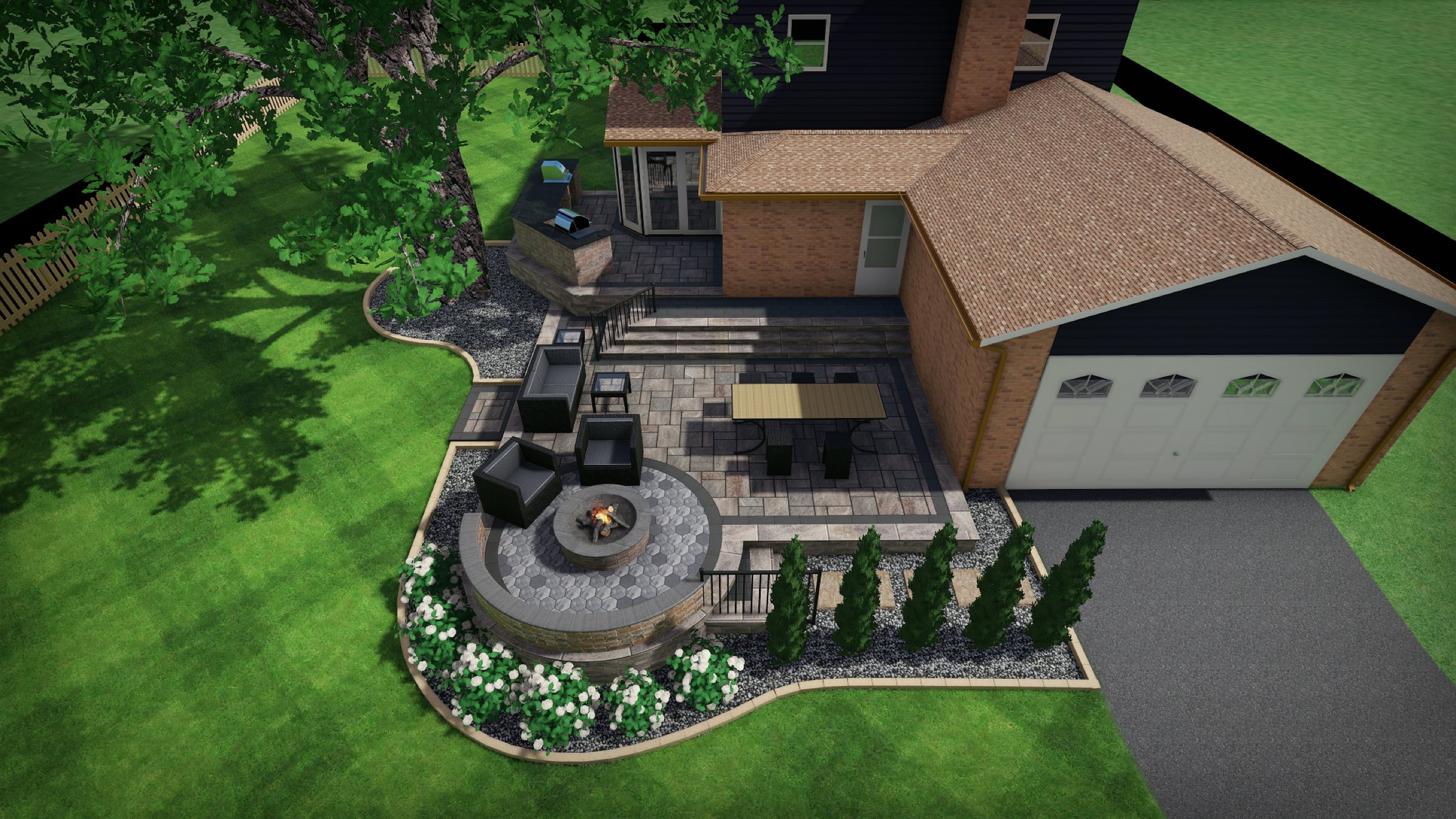 Paver steps and connecting path within a larger outdoor living space