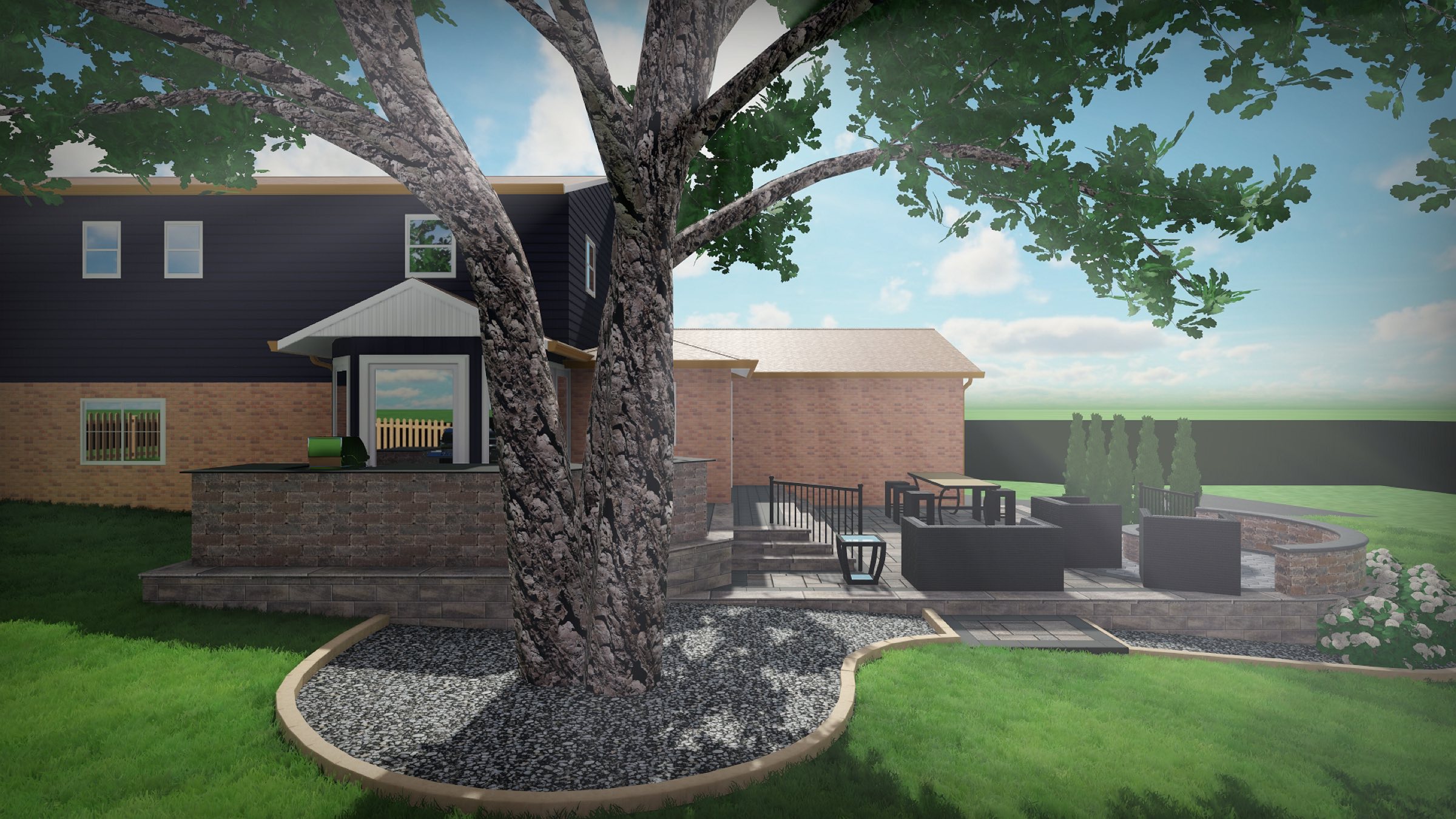 3D rendering of the cookout and bar area beside the shade tree by Gabriel's Pavers in Ypsilanti, MI