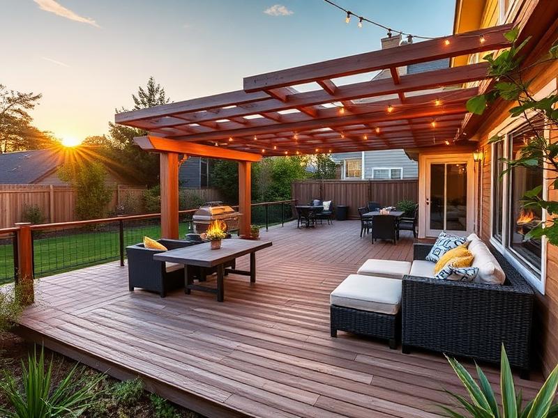 Covered pergola structure over an outdoor gathering area